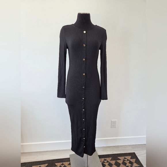 Black Bodycon Ribbed Midi Dress Loungewear Long Sleeve Casual Baddie Office S - Picture 1 of 10